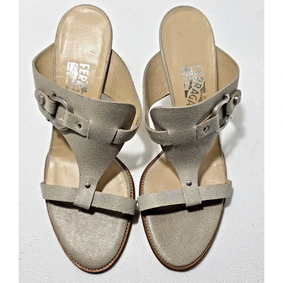 Salvatore Ferragamo Slides Sandals Women 8 B T-Strap Shoes Putty Leather - Picture 3 of 10